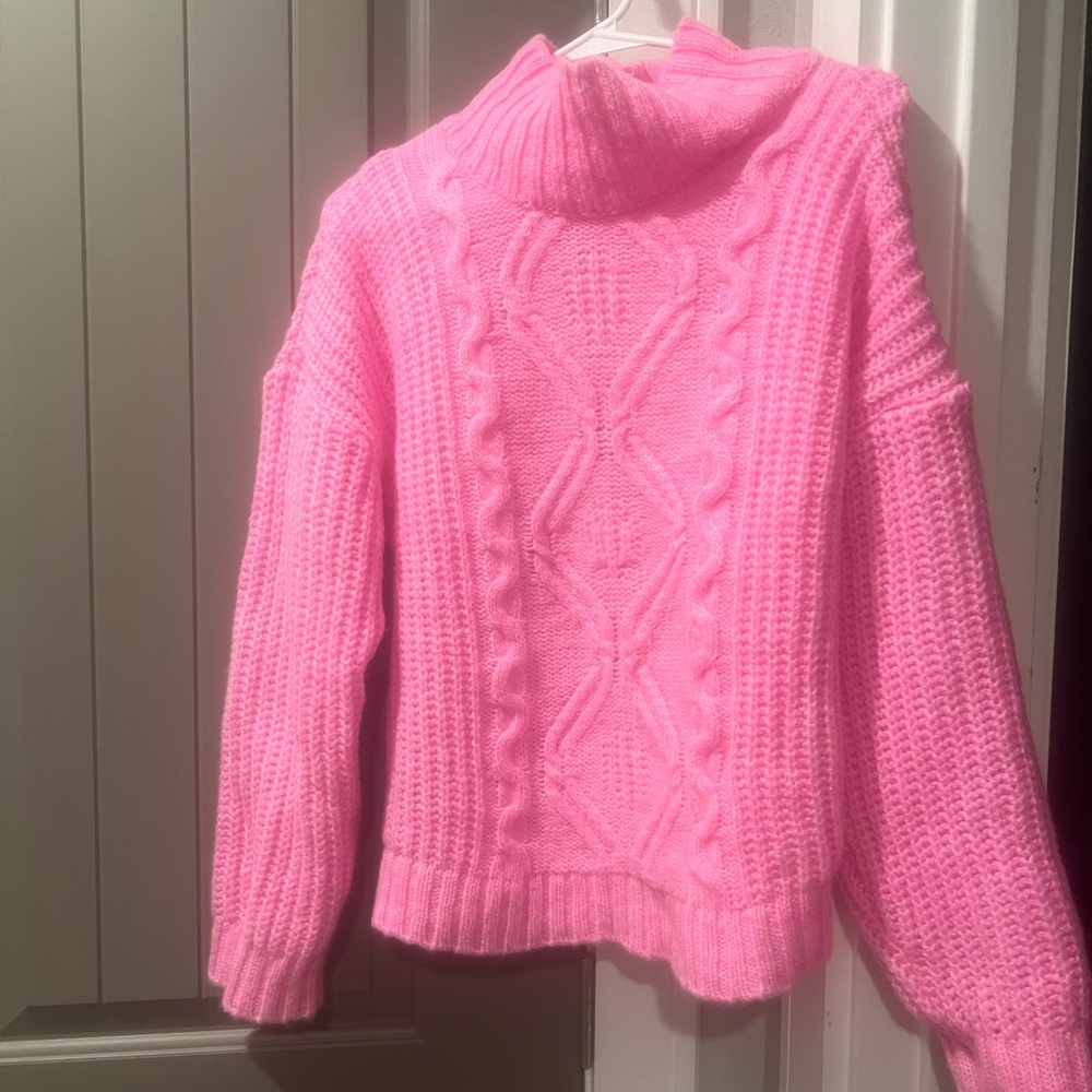 Cozy Pink Cable Knit Turtleneck Sweater